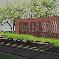 Red Brick Garden Wall With Perforated Tree Patterns And Green Trees Background 3d model