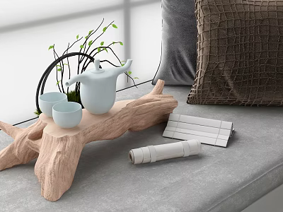Elegant Teaset with Teapot and Teacups on Wooden Log Tray Green Plants and Gray Cushion 3d model