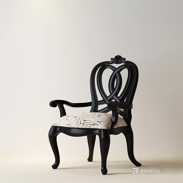Elegant Traditional Dining Chair With Black Wooden Frame Carved Backrest And Beige Patterned Cushion 3d model 