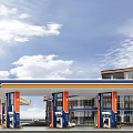 Modern Gas Station Building With Fuel Pumps White Car And Parking Area Under Blue Sky