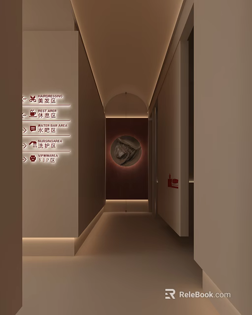 Elegant Hotel Corridor With Warm Lighting Directional Signs And Circular Wall Decor 3d model 