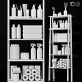 Organized White Shelving With Laundry Cleaning Supplies Storage Jars And Paper Rolls