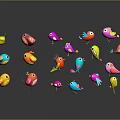 Colorful Birds Display Various Colors And Poses On Dark Background With Reflections