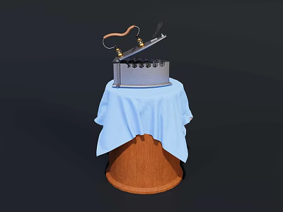 Vintage Kitchen Appliance With Wooden Handle And Metal Body On Wooden Table Covered With Blue Cloth 3d model