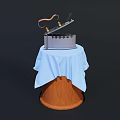 Vintage Kitchen Appliance With Wooden Handle And Metal Body On Wooden Table Covered With Blue Cloth