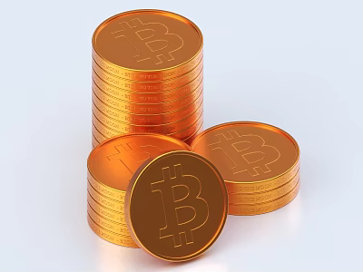 Golden Bitcoin Coins Decorative Ornament Set With Stacked And Single Pieces 3d model