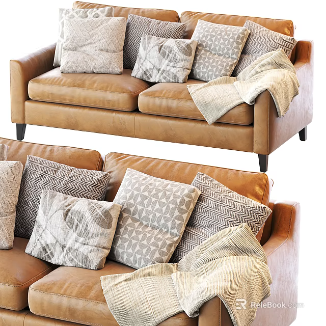 Brown Leather Sectional Sofa With Plush Patterned Pillows And Cozy Blanket 3d model