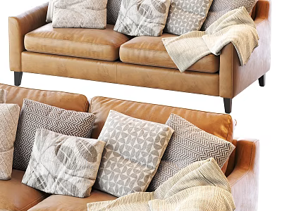 Brown Leather Sectional Sofa With Plush Patterned Pillows And Cozy Blanket 3d model