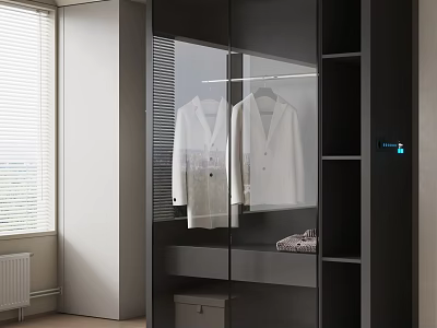 Modern Wardrobe Interior Design With Glass Doors Hanging Suits And Open Shelves 3d model