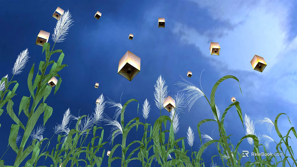 Golden Cubes Floating in Blue Sky with Green Reeds and Plants 3d model 