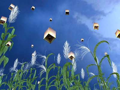 Golden Cubes Floating in Blue Sky with Green Reeds and Plants 3d model