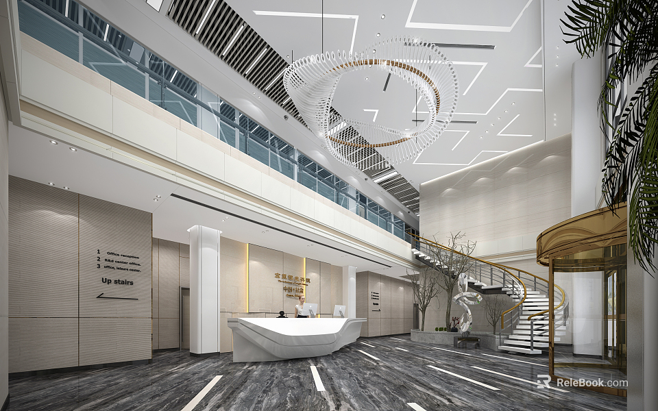 Elegant Modern Office Lobby Front Desk Reception With Chandelier Staircase And Marble Floor 3d model 