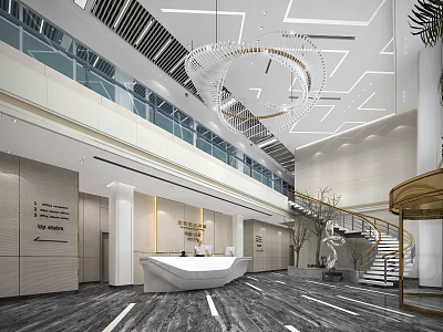 Elegant Modern Office Lobby Front Desk Reception With Chandelier Staircase And Marble Floor 3d model