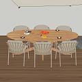 Outdoor Wooden Dining Table Set with Six Chairs Umbrella and Fruits on Wooden Deck