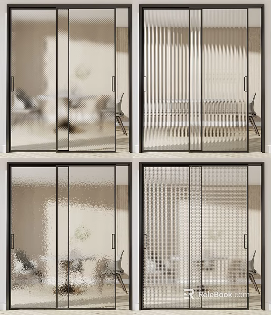 Modern Sliding Doors Featuring Various Glass Patterns And Black Frames Design 3d model 