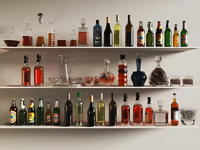 Wine Bottles and Glasses Display on Shelves with Various Colors and Shapes 3d model