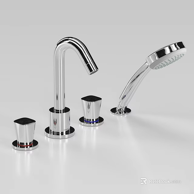 Modern Silver Chrome Faucet With Multiple Components And Handheld Sprayer 3d model 