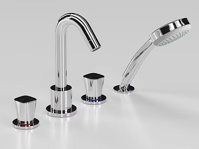 Modern Silver Chrome Faucet With Multiple Components And Handheld Sprayer 3d model