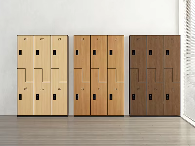 Wooden Lockers With Numbered Compartments And Hooks In Light Medium Dark Tones 3d model