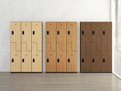 Wooden Lockers With Numbered Compartments And Hooks In Light Medium Dark Tones 3d model