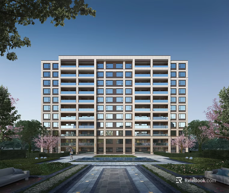 Modern Mid Rise Residential Building With Glass Windows Facade And Lush Greenery Surroundings 3d model 