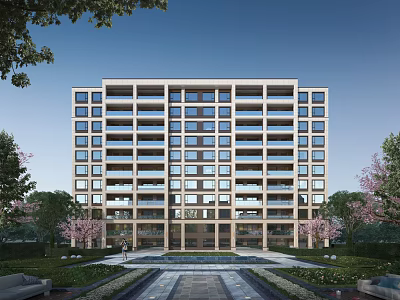 Modern Mid Rise Residential Building With Glass Windows Facade And Lush Greenery Surroundings 3d model