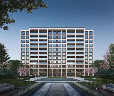 Modern Mid Rise Residential Building With Glass Windows Facade And Lush Greenery Surroundings 3d model