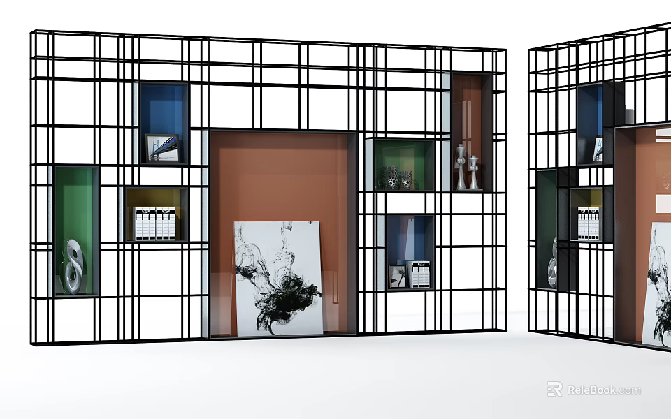 Modern Grid Design Shelf Unit With Colored Compartments And Decorative Items 3d model 