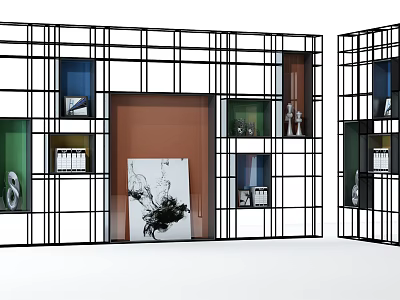 Modern Grid Design Shelf Unit With Colored Compartments And Decorative Items 3d model
