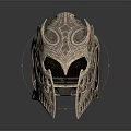 Intricate Decorative Weapon Helmet With Metallic Carvings And Blue Gemstone Accents