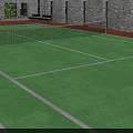 Green Tennis Court With Net And Person Playing Tennis Near Brick Walls And Benches 3d model