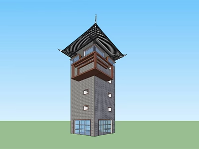 Traditional Architectural Tower with Gray Walls Eaves and Glass Doors at Bottom 3d model
