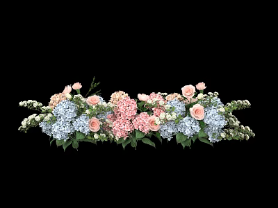 Elegant Floral Display with Pink Roses Blue Hydrangeas and Green Leaves 3d model