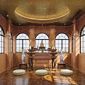Traditional Buddhist Shrine Interior With Wooden Walls Arched Windows Buddha Statue And Prayer Cushions