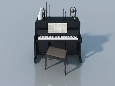 Black Piano With Music Sheet Vase Brass Instruments And Stool In Gray Room 3d model