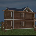 Two Story Wooden House Exterior With Balcony Dark Roof And Green Lawn