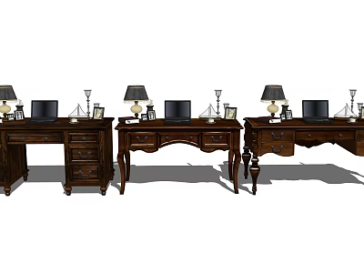 Dark Wooden Desks With Table Lamps Laptops Photo Frames And Decorative Items 3d model