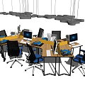 Modern Office Desk Workspace With Ergonomic Chairs Computers And Hanging Lights