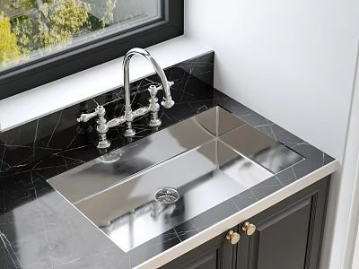 Stainless Steel Kitchen Sink With Silver Faucet On Black Marble Countertop And Dark Cabinets 3d model