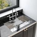 Stainless Steel Kitchen Sink With Silver Faucet On Black Marble Countertop And Dark Cabinets