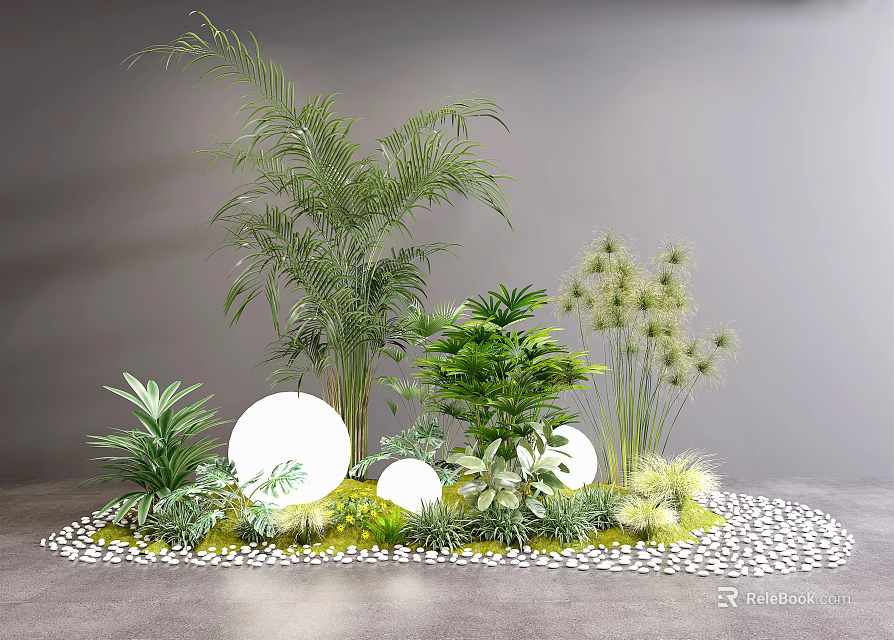 Lush Green Plants Arrangement With Palm Ferns Small Grasses Sphere Lights And Pebble Ground 3d model 