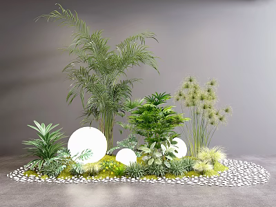 Lush Green Plants Arrangement With Palm Ferns Small Grasses Sphere Lights And Pebble Ground 3d model