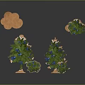 Green Trees With Blue Fruits And Small Shrubs Near Orange Clouds