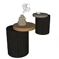 Minimalist Wooden Cylindrical Side Tables With Round Metal Edge And White Vase Dried Flowers