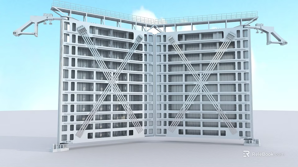 Large Multi Storey Building With X Shaped Cross Bracing And White Exterior 3d model 
