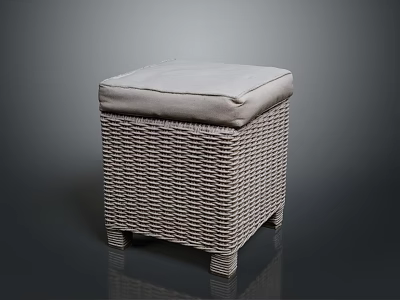 Stylish Square Light Gray Wicker Stool With Cushioned Seat For Home Decor 3d model