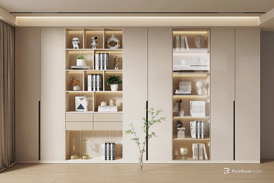 Modern Bookcase Interior Design With Side Bookcases Central Cabinets Books And Decorative Pieces 3d model 