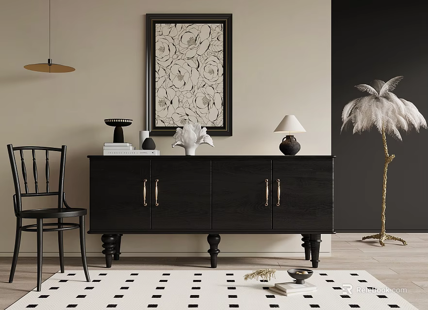 Stylish Black Console Table With Framed Artwork Decorative Items And Ostrich Feather Floor Lamp 3d model