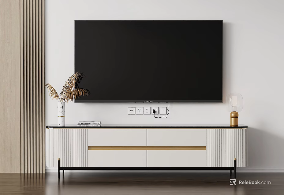 Modern White TV Stand with Gold Strips and Large Screen TV Vase and Lamp 3d model 