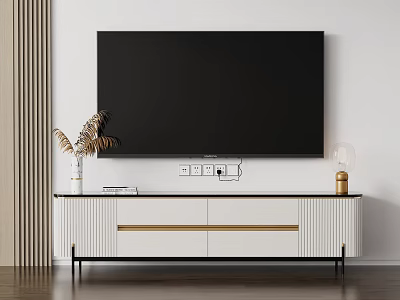 Modern White TV Stand with Gold Strips and Large Screen TV Vase and Lamp 3d model